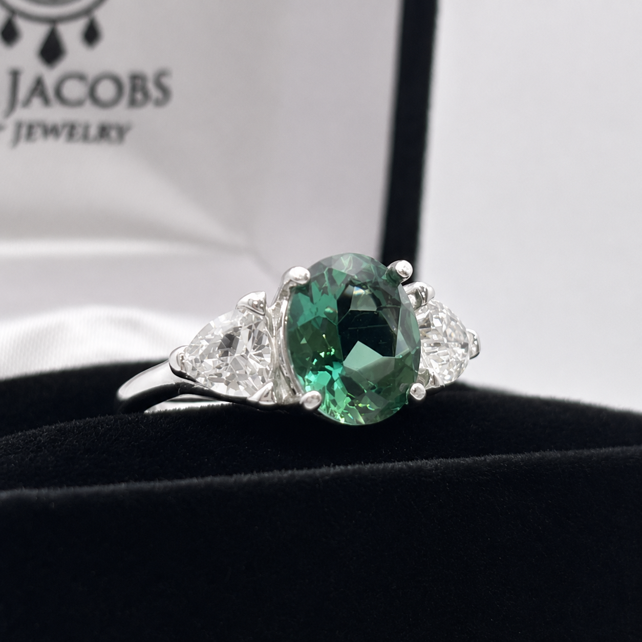 4ctw Oval Cut Green Quartz Ring & Trillion Cut White Sapphire