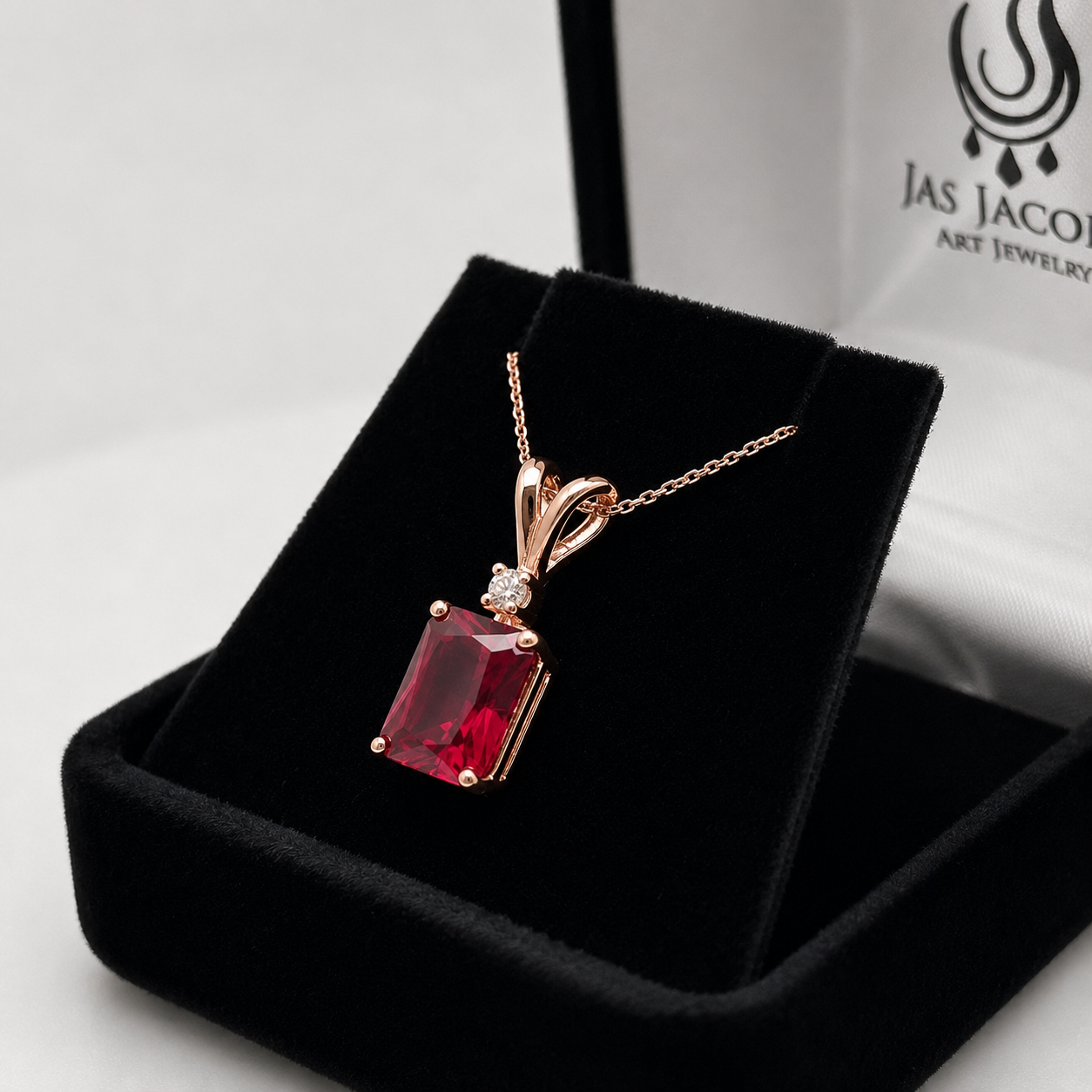 3CTW Emerald Cut Ruby Pendant Necklace | Diamond Accent