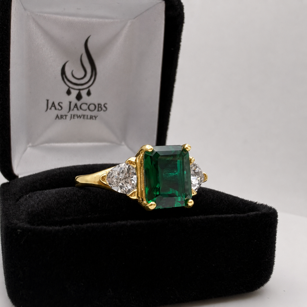 4.5CTW Emerald Cut Lab Emerald Ring | Trillion White Sapphire Three Stone Ring