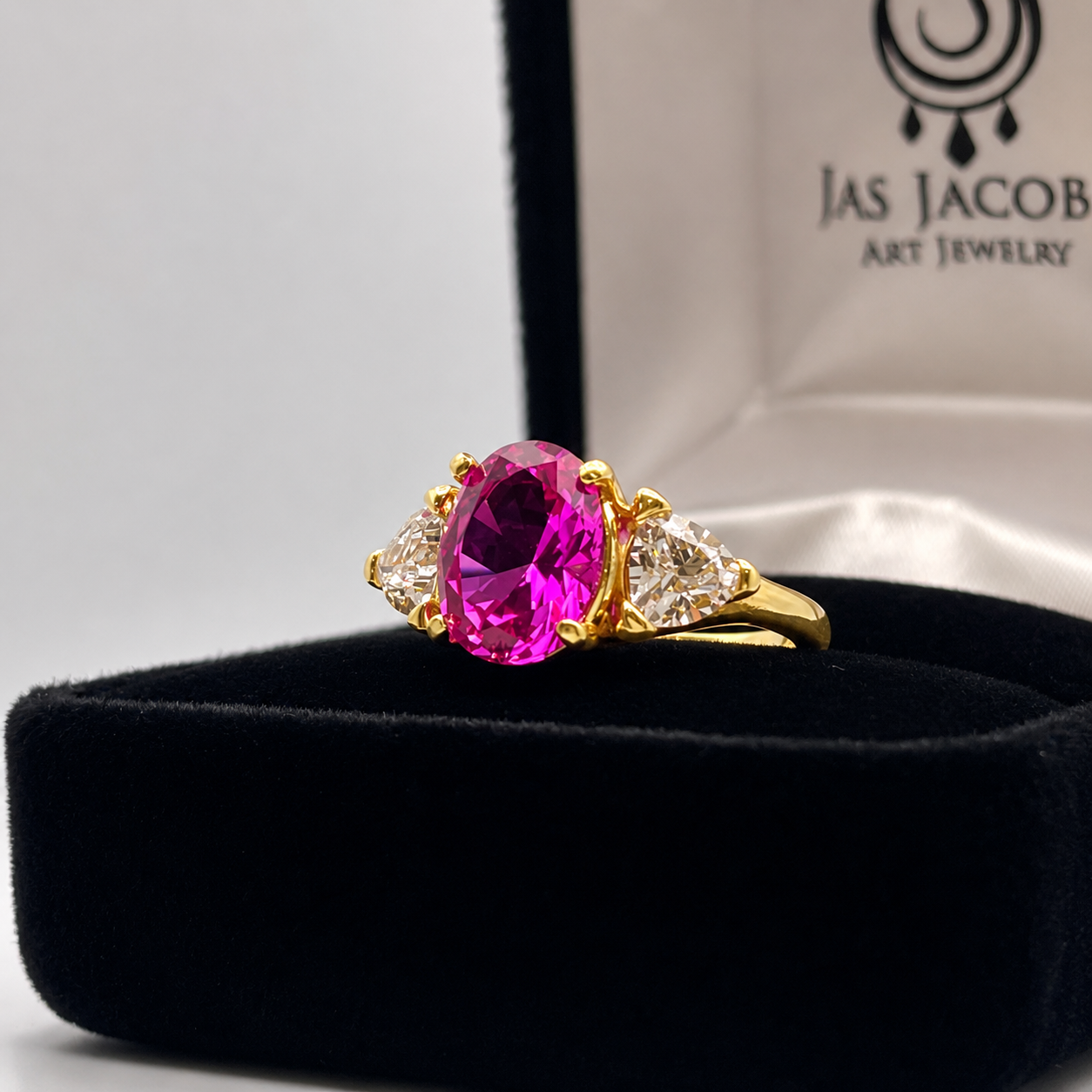 4ctw Bright Pink Sapphire Ring | White Sapphire Trillions | Three-Stone