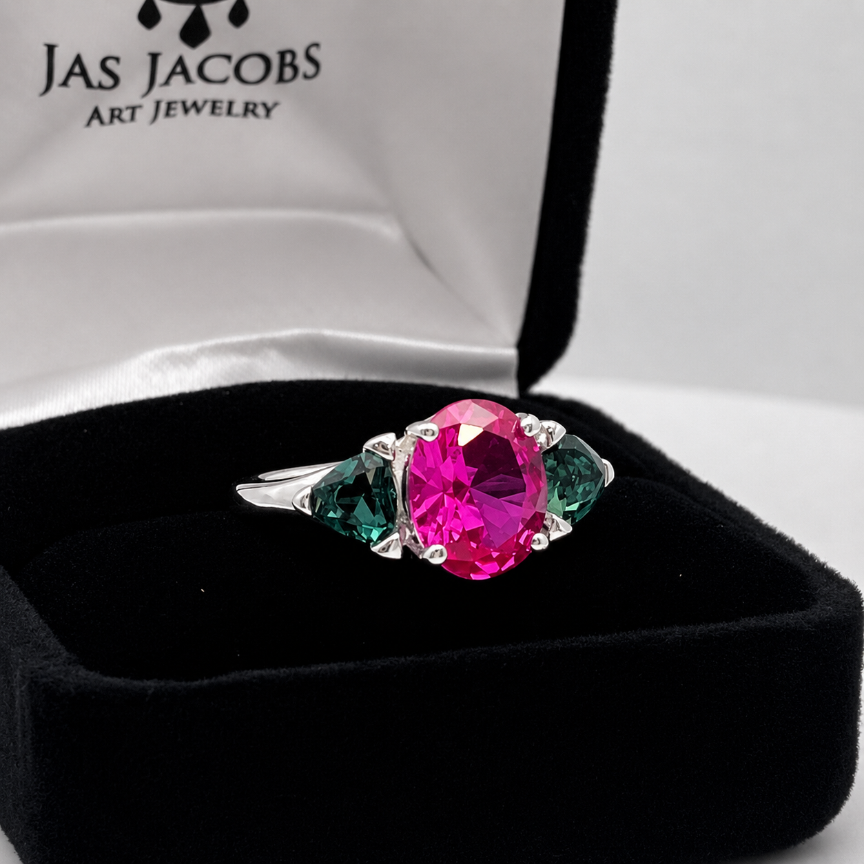 Watermelon Ring | 5CTW Oval Pink Sapphire Ring | Trillion Green Tourmaline Three Stone Ring