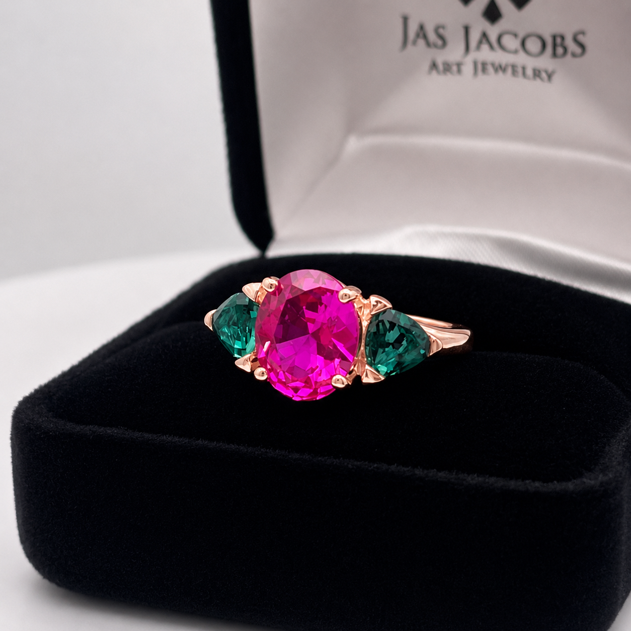 Watermelon Ring | 5CTW Oval Pink Sapphire Ring | Trillion Green Tourmaline Three Stone Ring