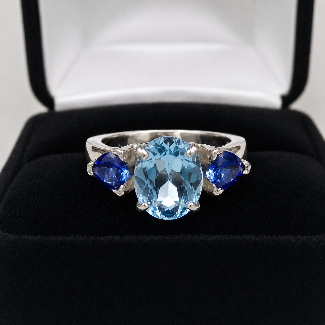 5CTW Oval Cut Sky Blue Topaz Ring | Trillion Blue Sapphire Three Stone Ring
