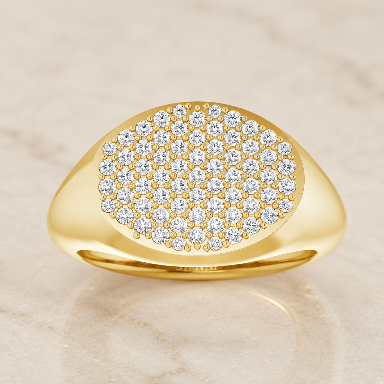 14K Yellow Gold Pavé Diamond Cluster Signet Ring | Oval Diamond Statement Ring | 67 Round Diamonds