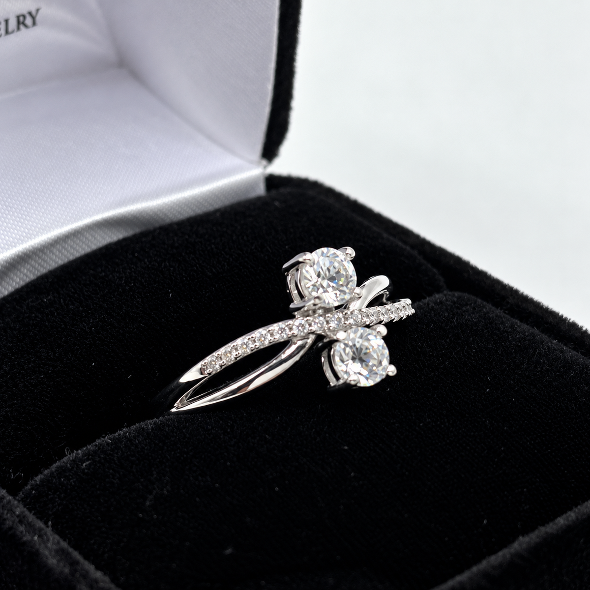 White Sapphire Two Stone Bypass Ring with Pavé Twist