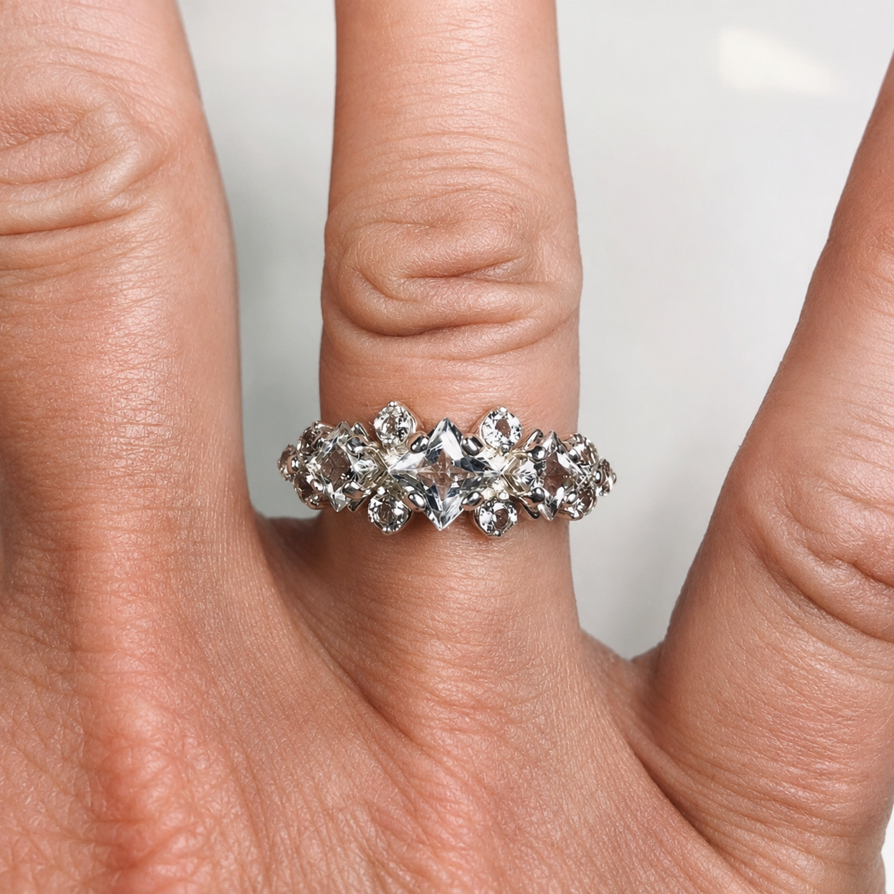 Art Deco Inspired Princess Cut White Sapphire and Diamond Three Stone Ring