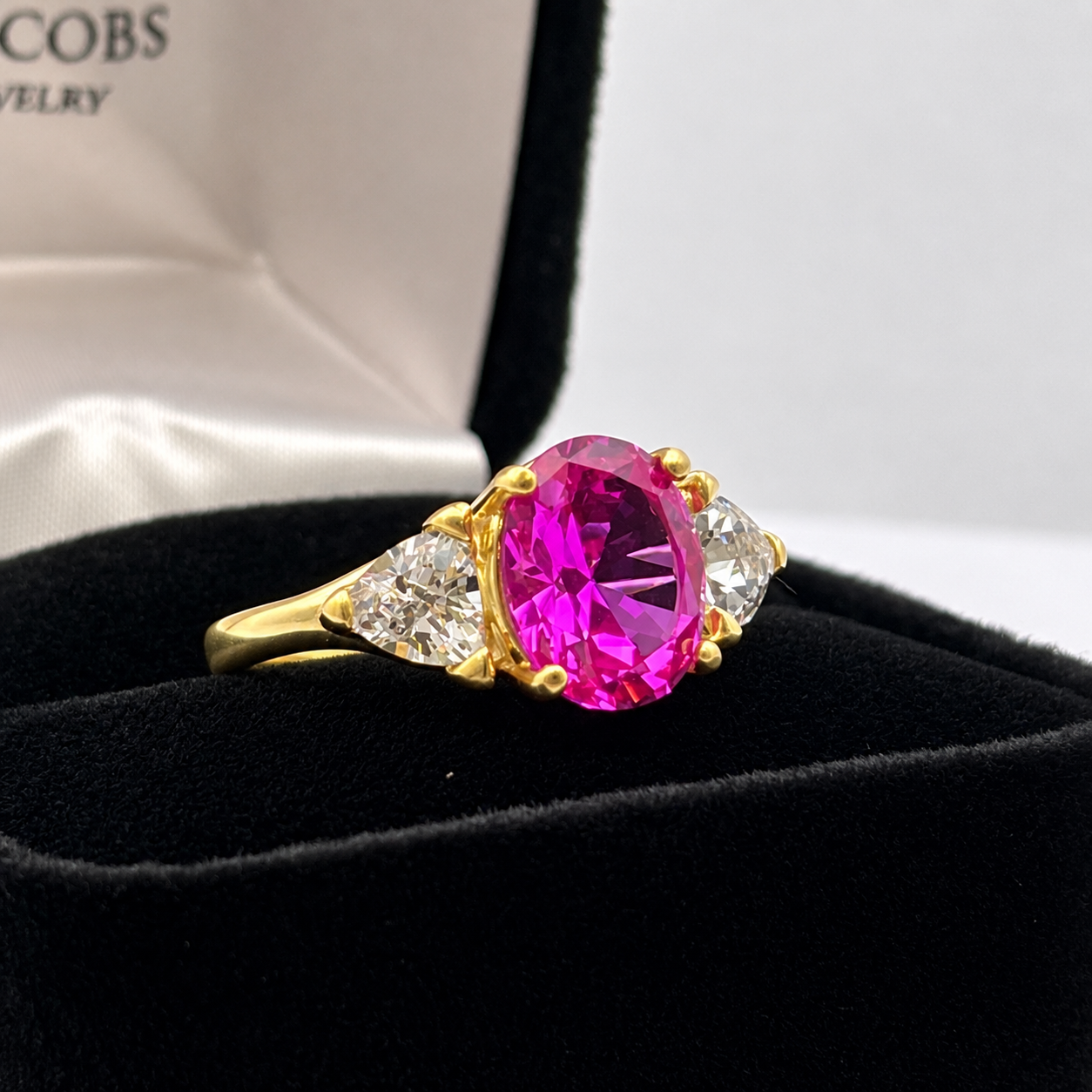 4ctw Bright Pink Sapphire Ring | White Sapphire Trillions | Three-Stone