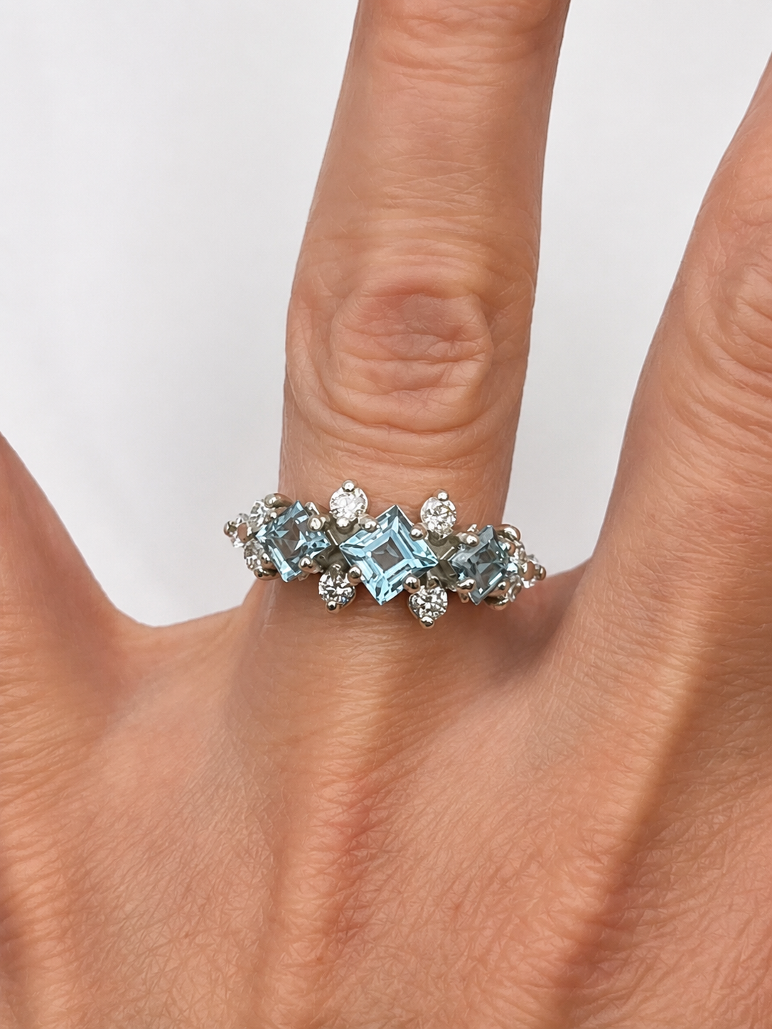 Art Deco Inspired Princess Cut Sky Blue Topaz Three Stone Ring