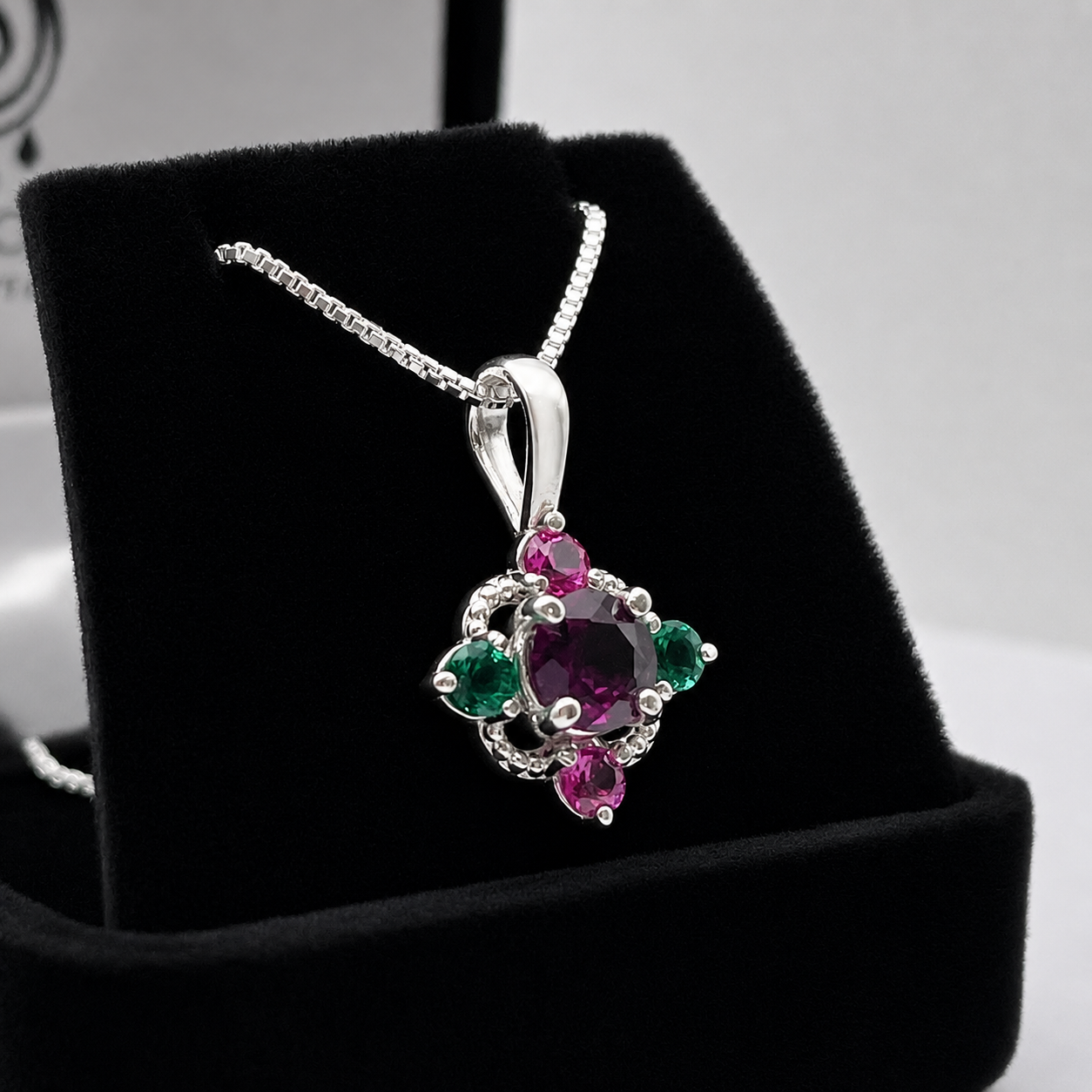 Vintage Inspired Rhodolite Garnet Pendant Necklace with Emeralds & Pink Sapphires | Heirloom Jewelry Gift | Customizable Jewelry