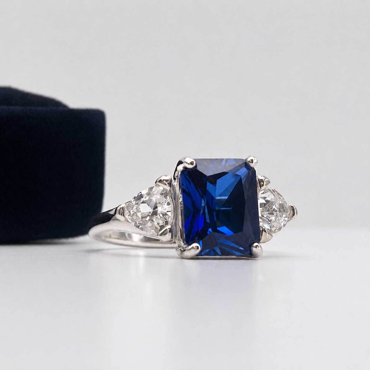 5.5ctw Emerald Cut Blue Sapphire Ring with Trillion Cut Side Stones