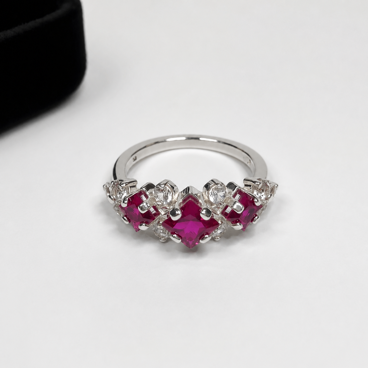 Art Deco Inspired Ruby and Diamond Three Stone Ring