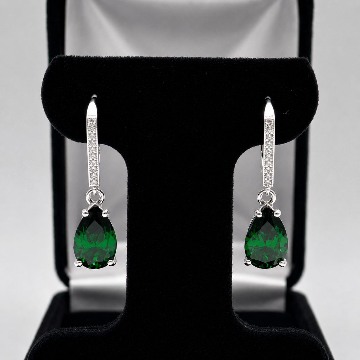 7ctw Pear Cut Emerald Earrings | Pave Leverback Drop Earrings | Emerald Dangle Earrings | Bridal Jewelry