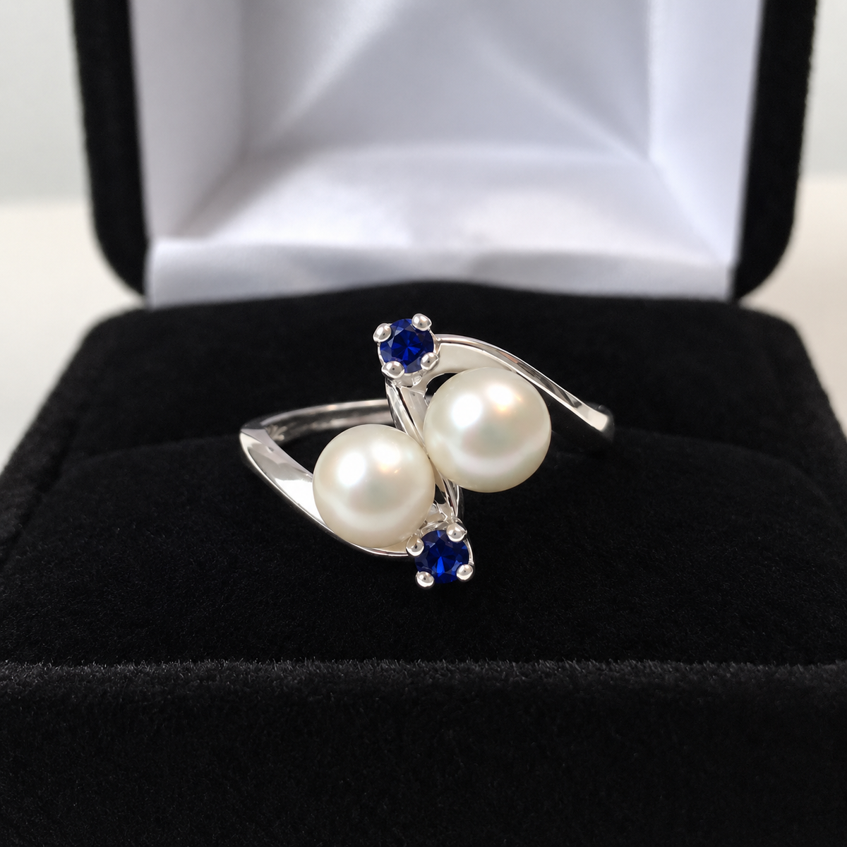 Twin Pearl & Blue Sapphire Ring