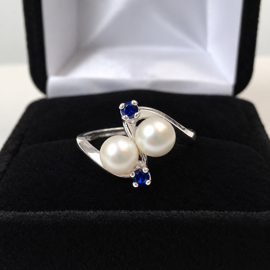 Twin Pearl & Blue Sapphire Ring