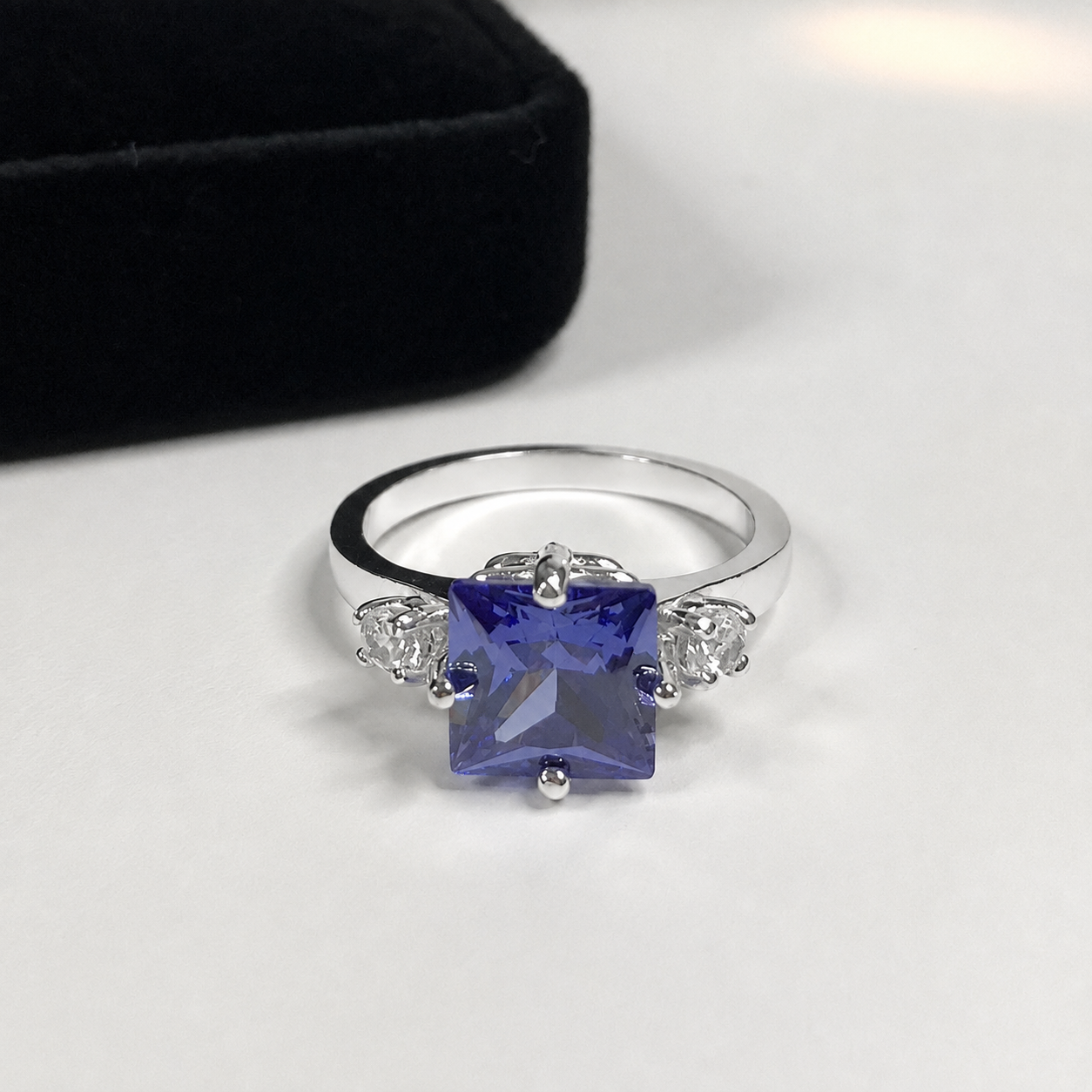 Princess Cut Simulated Tanzanite & White Sapphire Art Deco Ring