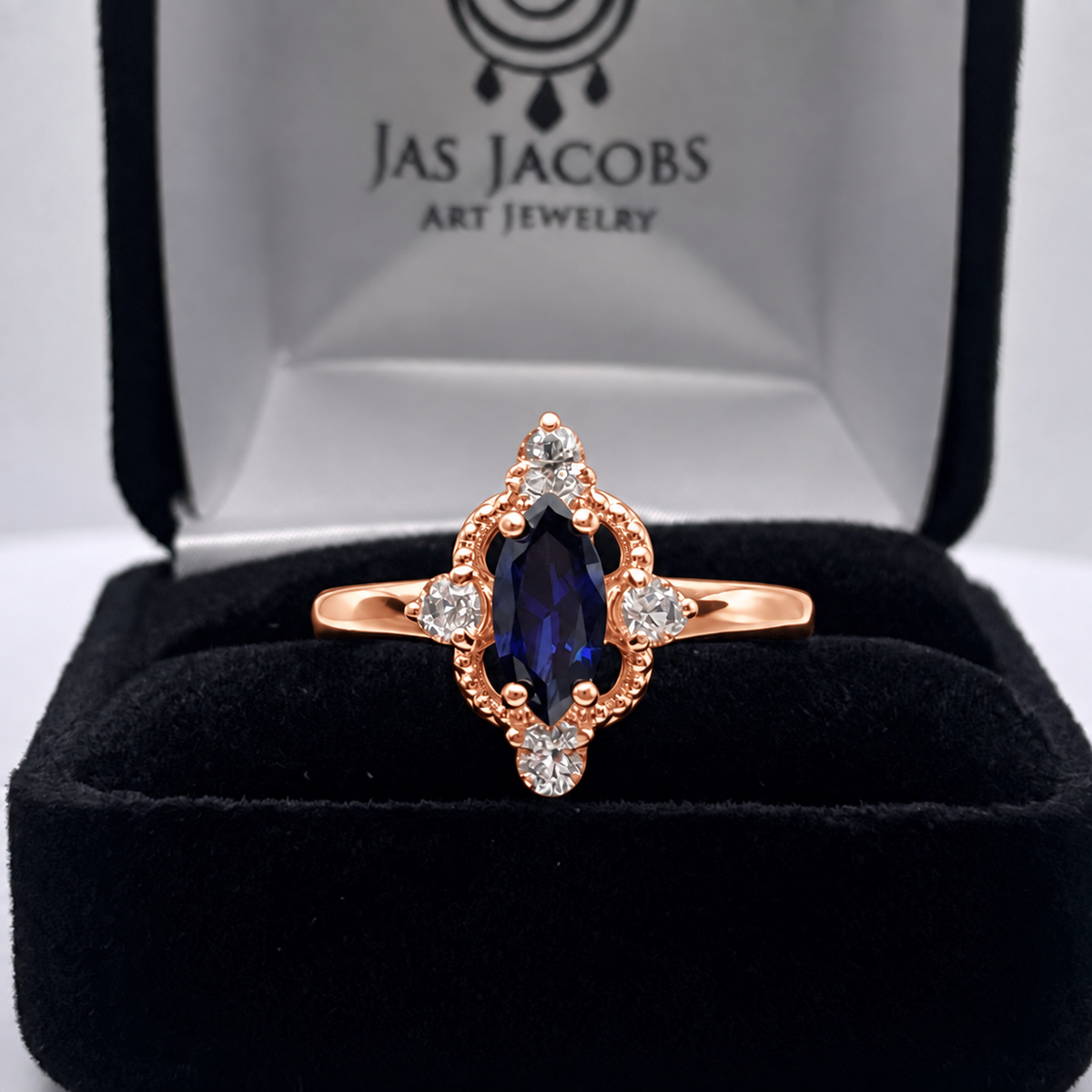 Marquise Sapphire & Diamond Navette Ring in Solid Gold