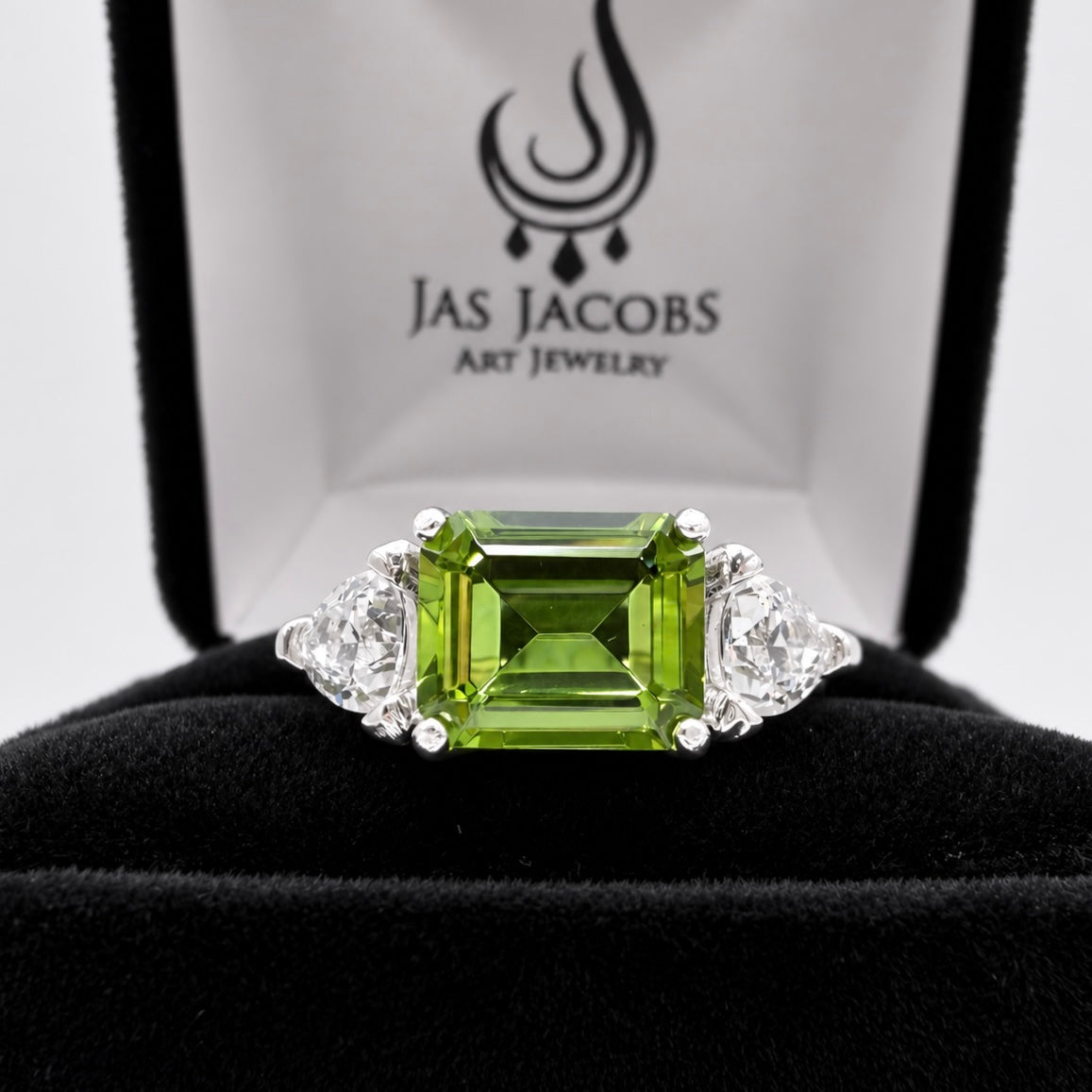 Emerald Cut Peridot & Trillion White Sapphire Art Deco Ring