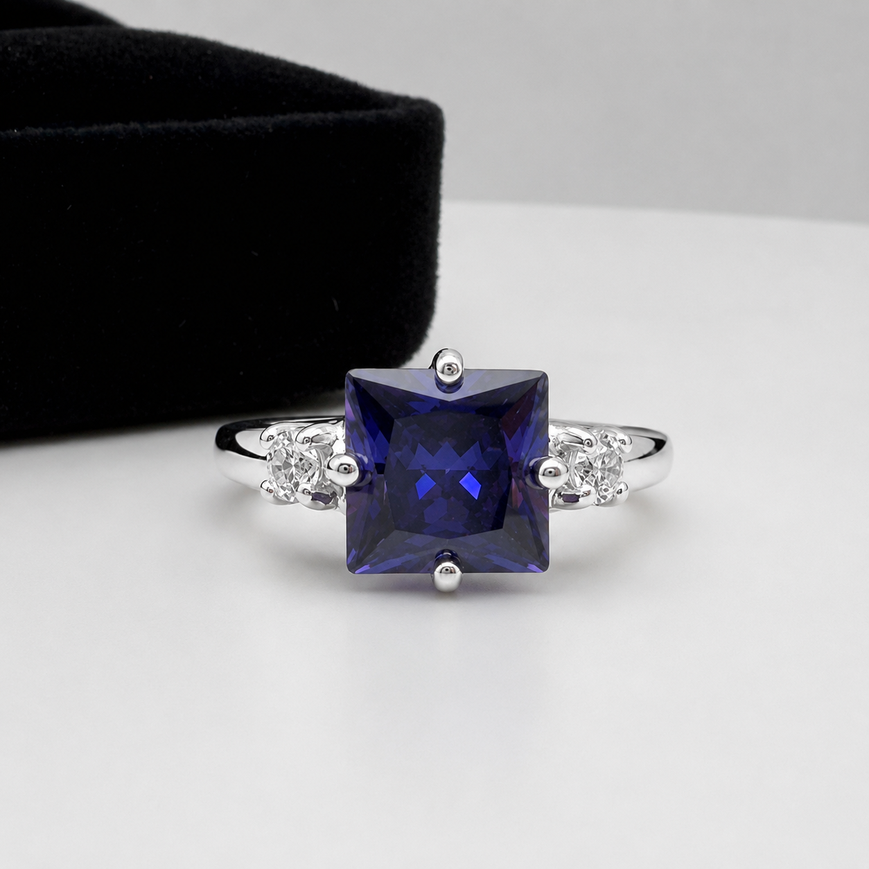 Princess Cut Simulated Tanzanite & White Sapphire Art Deco Ring