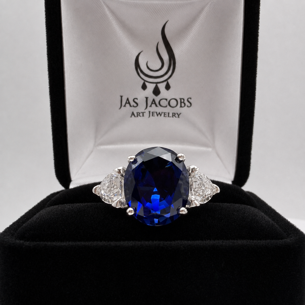 6ctw Oval Cut Blue Sapphire Three Stone Ring | Trillion Cut White Sapphires