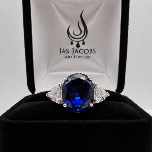 6ctw Oval Cut Blue Sapphire Three Stone Ring | Trillion Cut White Sapphires