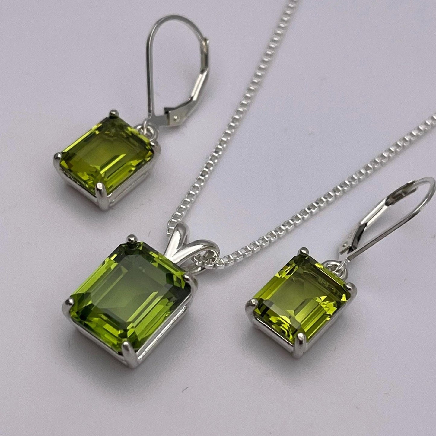 Emerald Cut Peridot Necklace & Earrings Set in Sterling Silver August Birthstone
