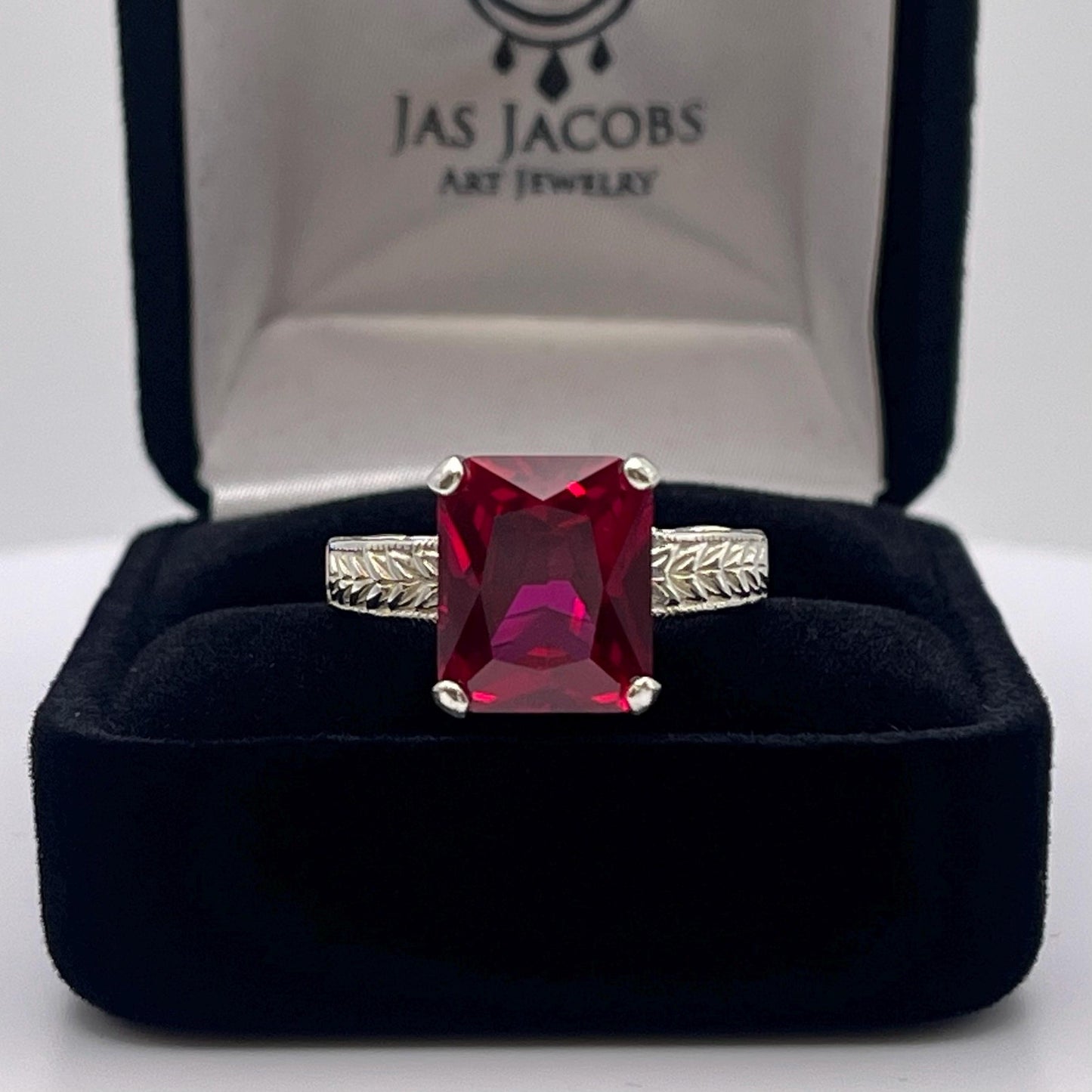 6ctw Emerald Cut Lab Ruby Ring Size 7 Carved Band