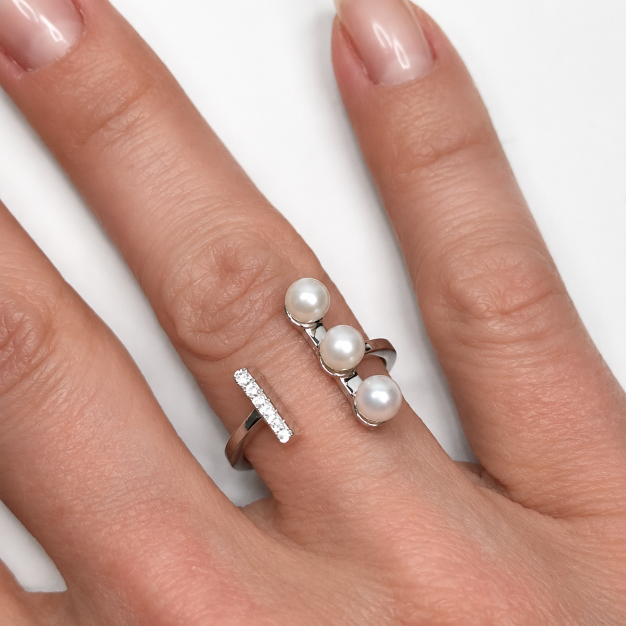Sterling Silver Pearl Ring with Cubic Zirconia Accents | Adjustable Minimalist Pearl Ring for Women | Elegant Everyday Jewelry