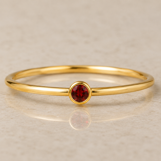 14K Yellow Gold Filled 2mm Garnet-Inspired Dark Red Cubic Zirconia Ring | Water Resistant Stackable Ring | January Birthstone Jewelry