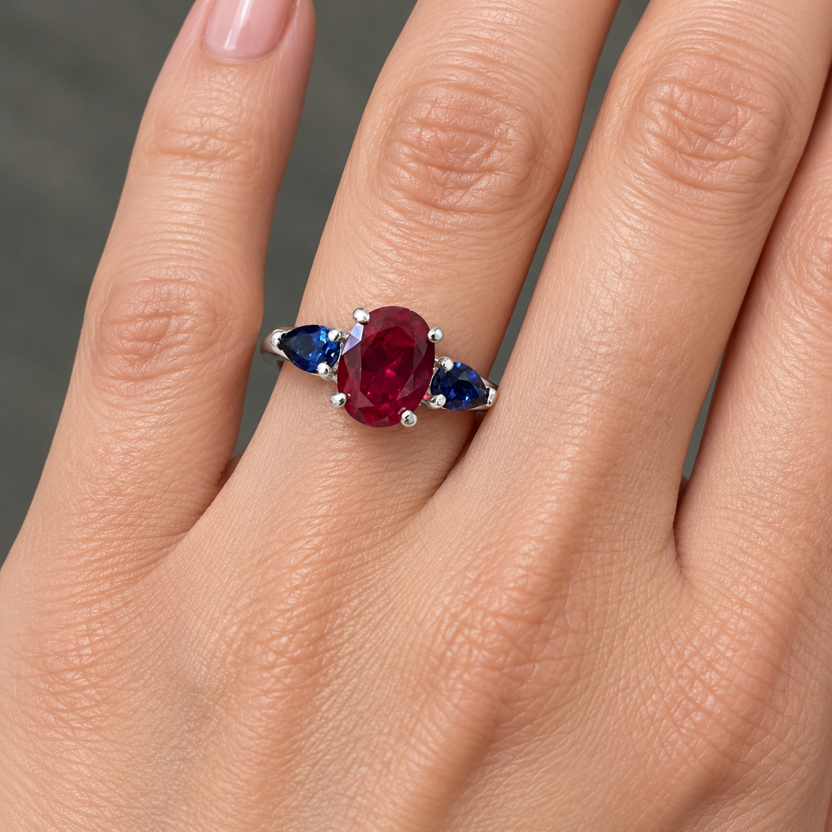 4.5ctw Oval Ruby & Blue Sapphire Three-Stone Statement Ring