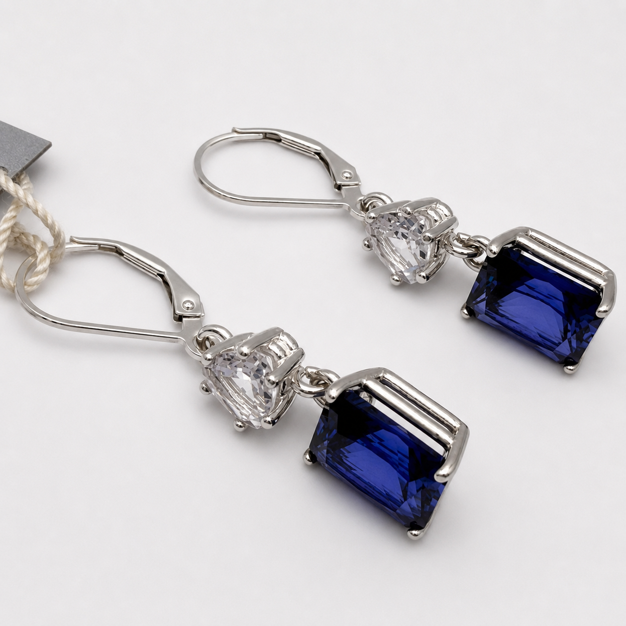 9ctw Emerald Cut Blue Sapphire & White Sapphire Dangle Earrings