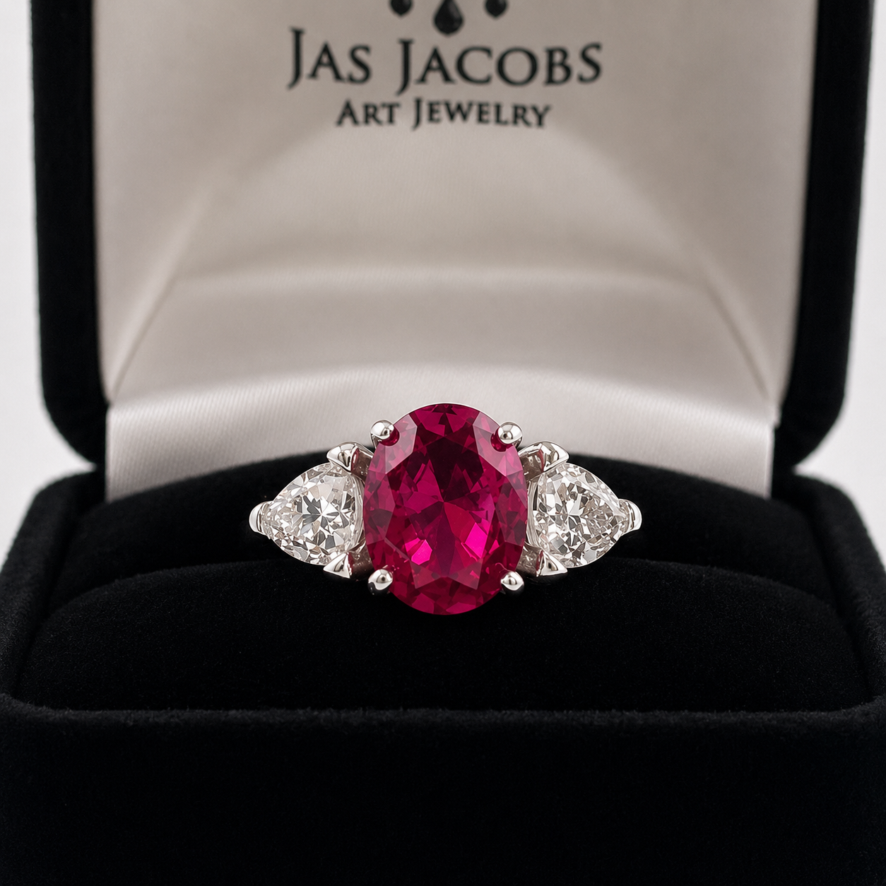 4.5ctw Oval Cut Ruby & Trillion Cut White Sapphire Three Stone Ring