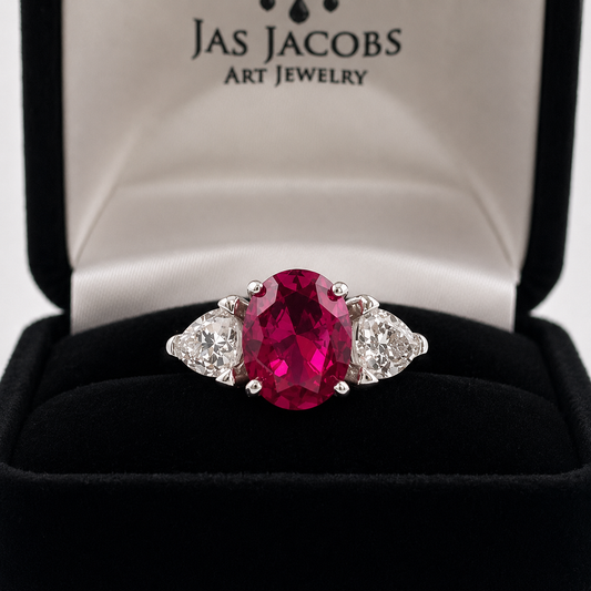 4.5ctw Oval Cut Ruby & Trillion Cut White Sapphire Three Stone Ring