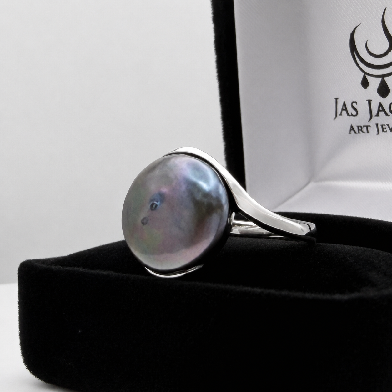 13mm Peacock Black Coin Pearl Ring | Sterling Silver Arabesque Statement Jewelry
