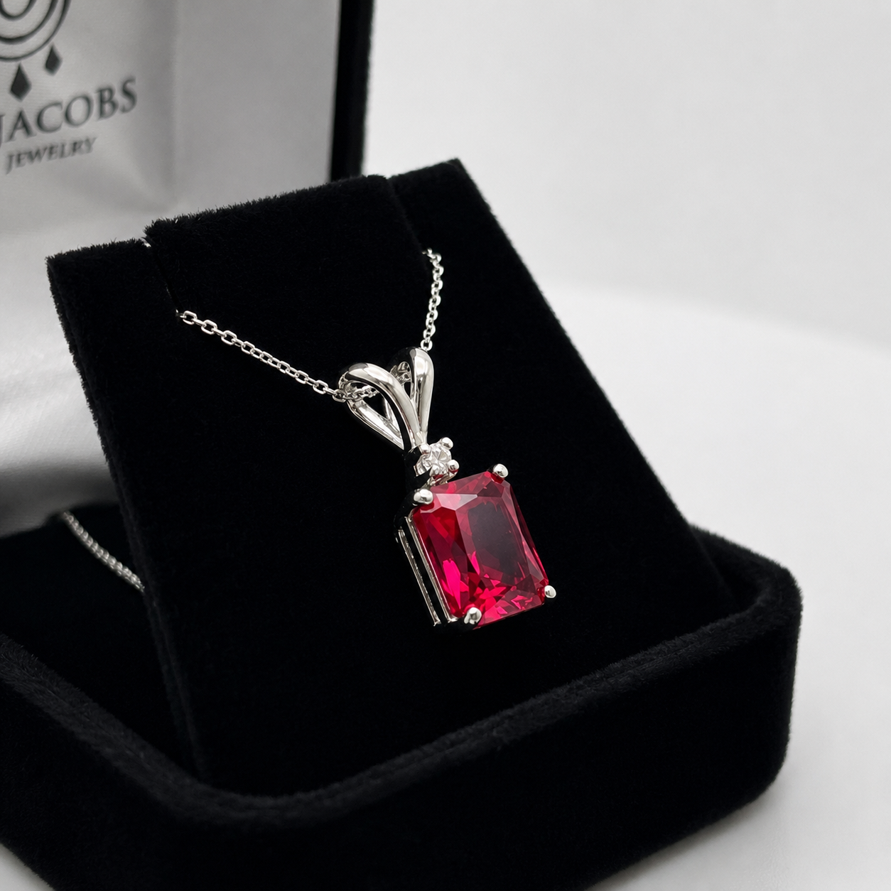 3CTW Emerald Cut Ruby Pendant Necklace | Diamond Accent