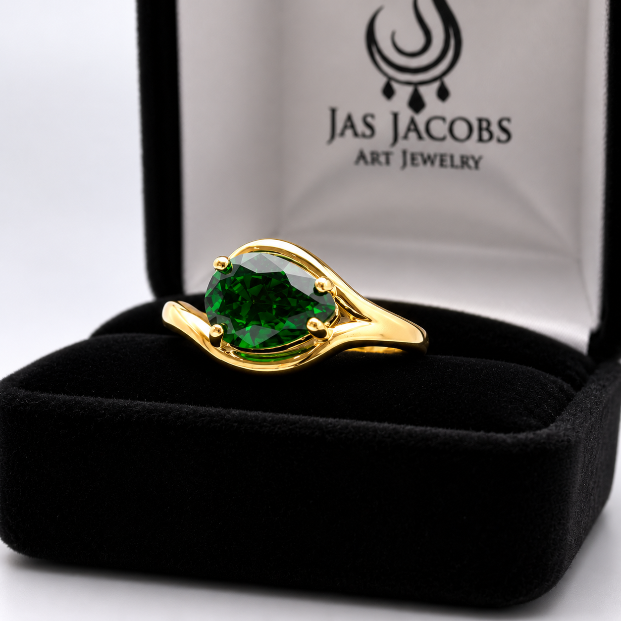 Pear Cut Emerald Ring in White Gold, Yellow Gold or Rose Gold | Side Set Emerald Solitaire Ring | Custom Made May Birthstone Ring
