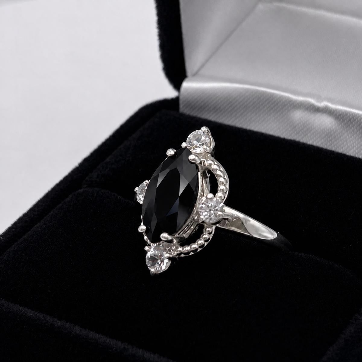 Marquise Black Onyx & White Sapphire Ring