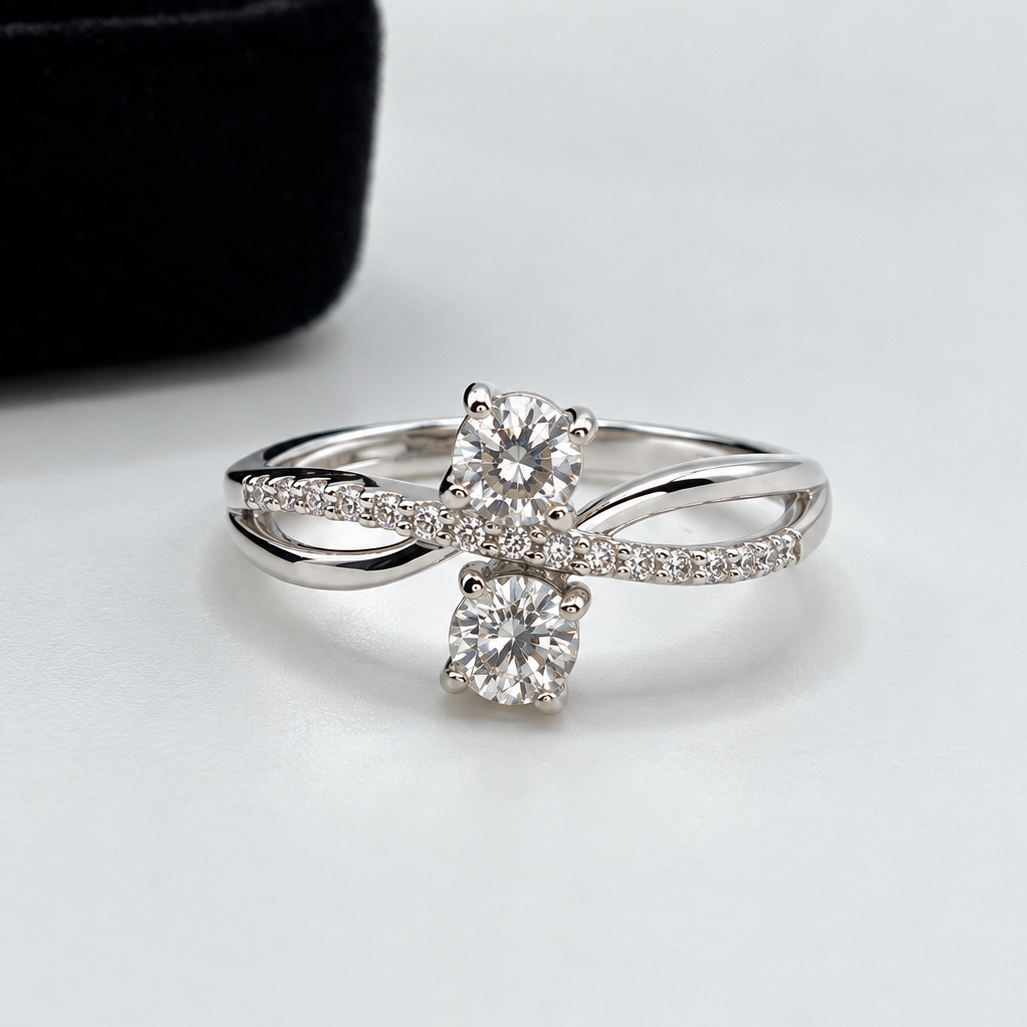 White Sapphire Two Stone Bypass Ring with Pavé Twist