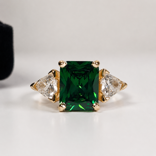 4.5CTW Emerald Cut Emerald Ring | Trillion White Sapphire Three Stone Ring