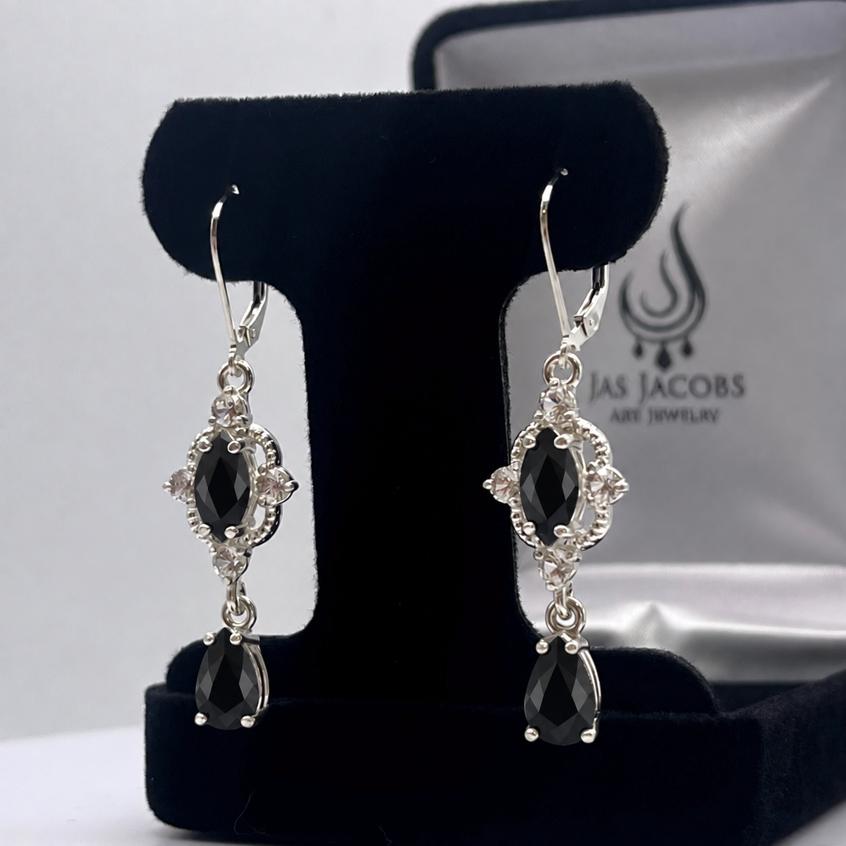 Marquise Black Onyx & White Sapphire Dangle Earrings