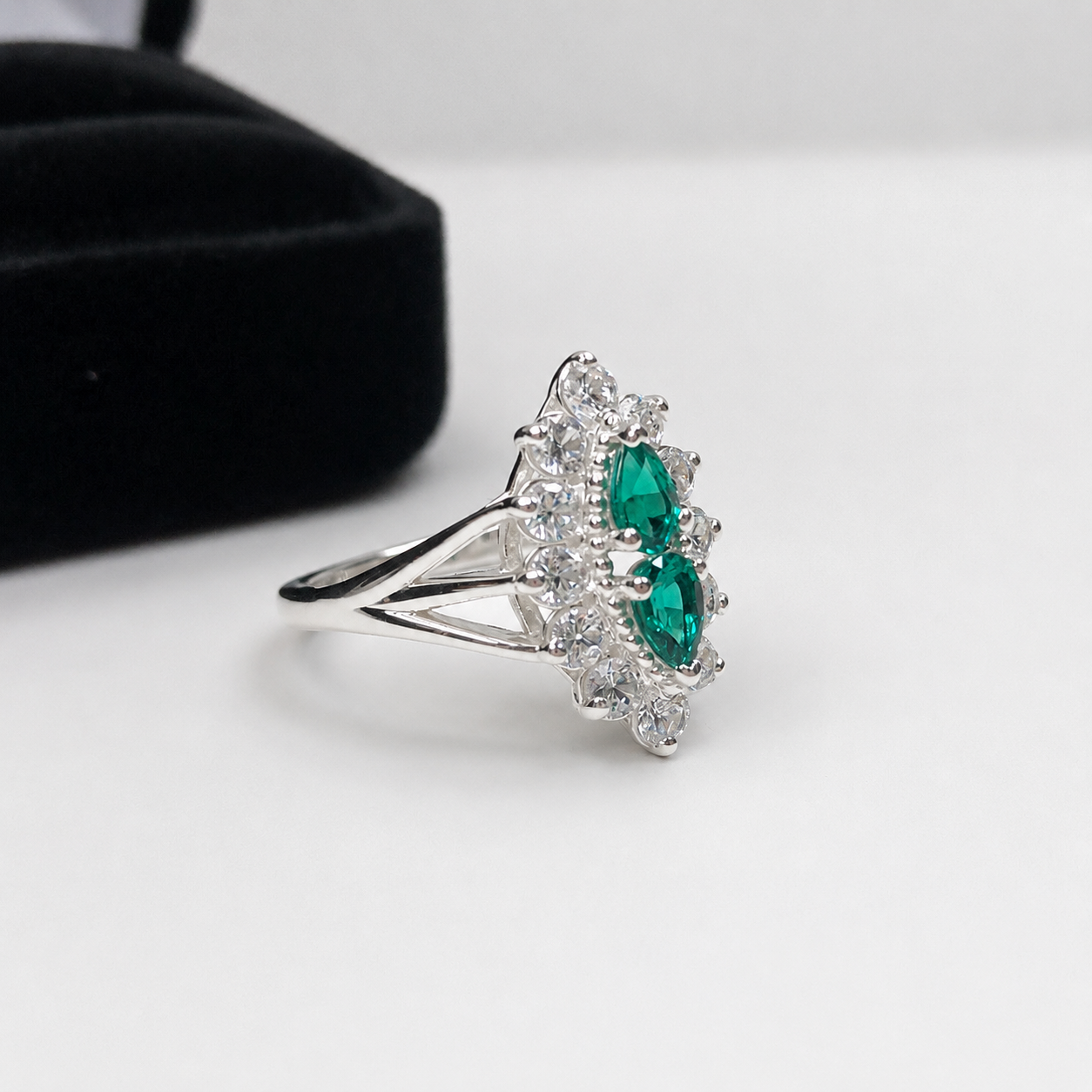 Vintage Style Double Pear Emerald Cluster Ring