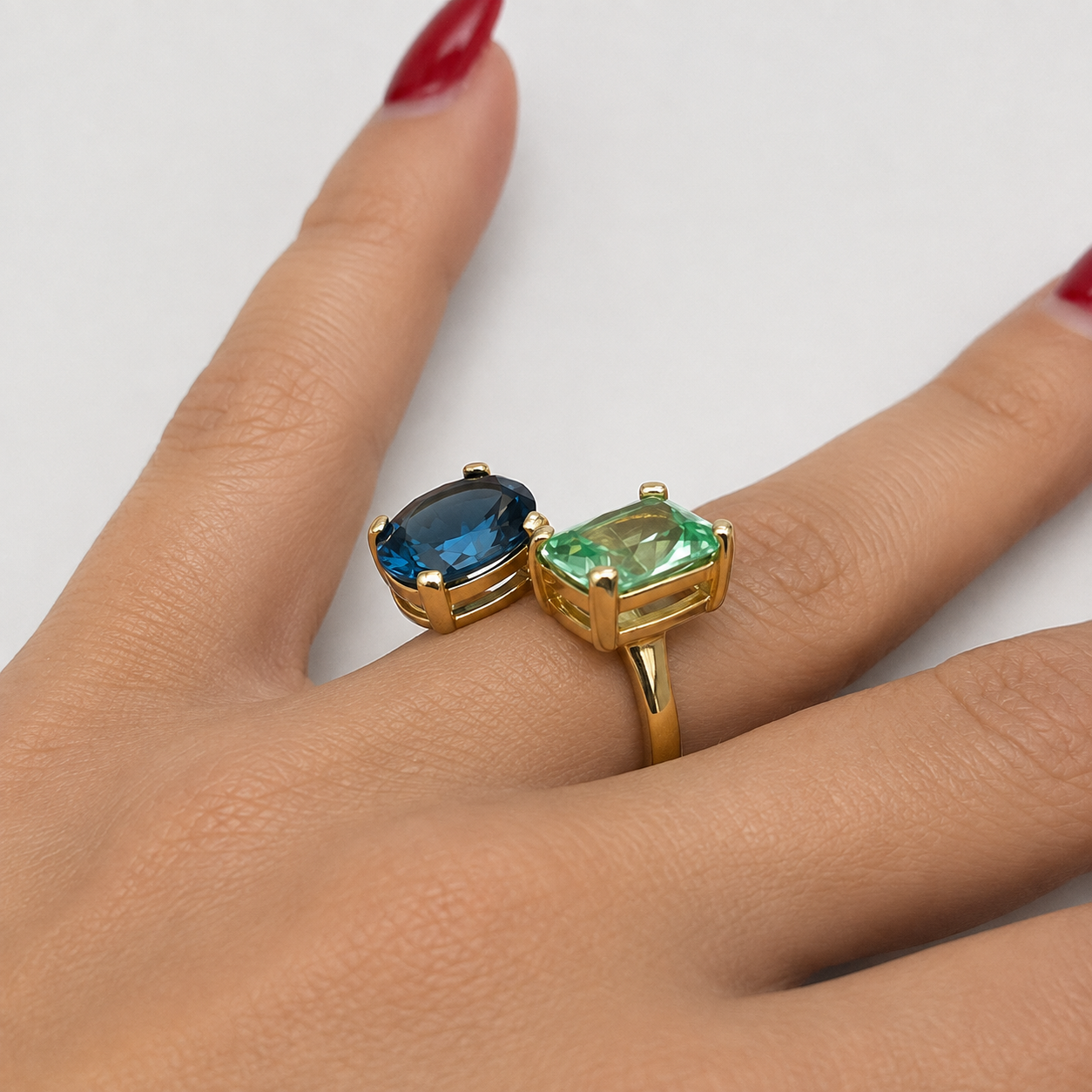6.5ctw London Blue & Mint Green Spinel Ring | Toi et Moi Ring | Open Adjustable Design