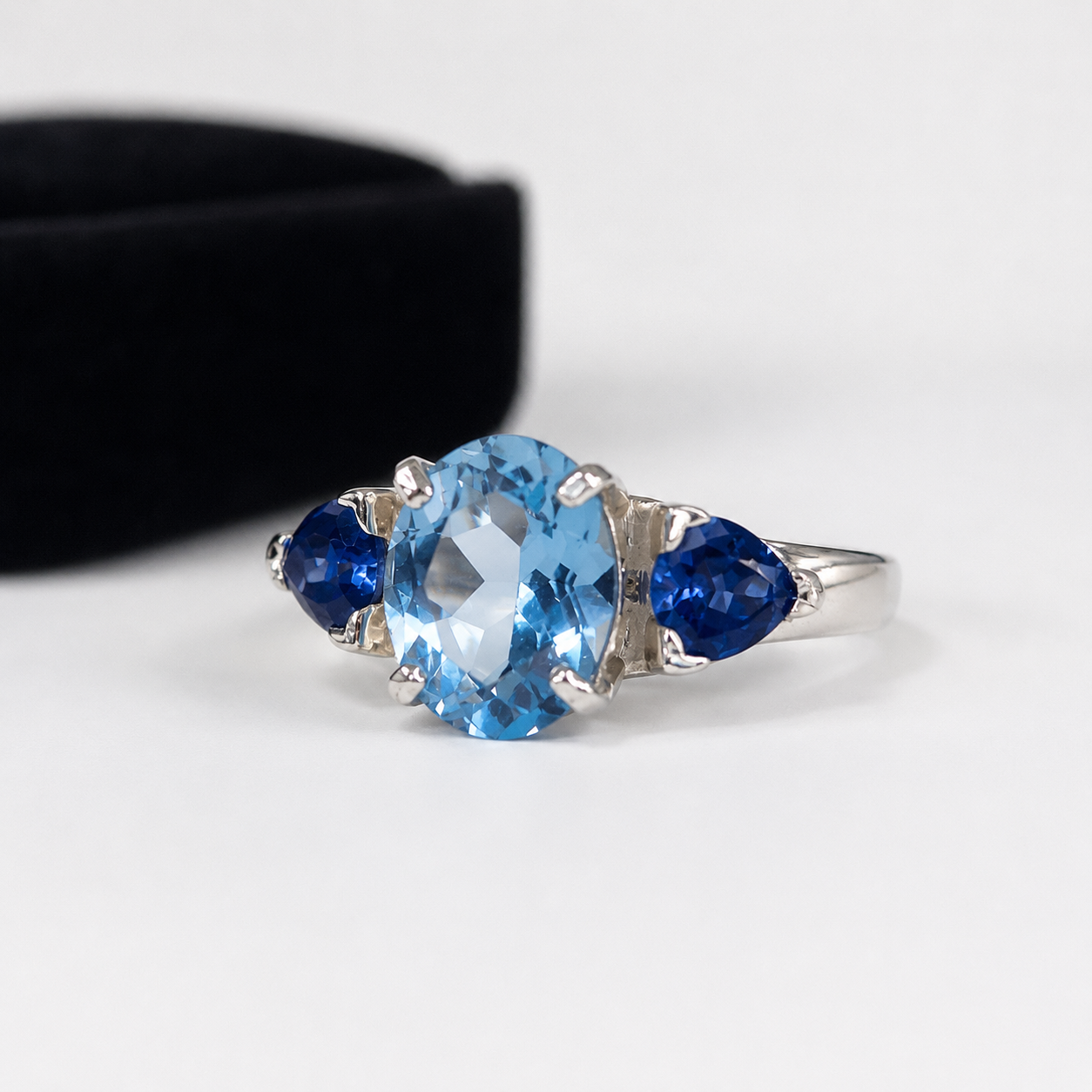 5CTW Oval Cut Sky Blue Topaz Ring | Trillion Blue Sapphire Three Stone Ring