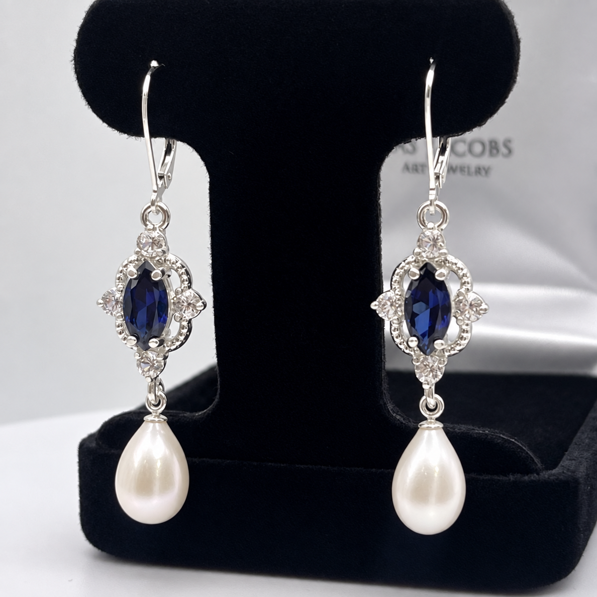 Blue Sapphire & Pearl Vintage Inspired Dangle Earrings