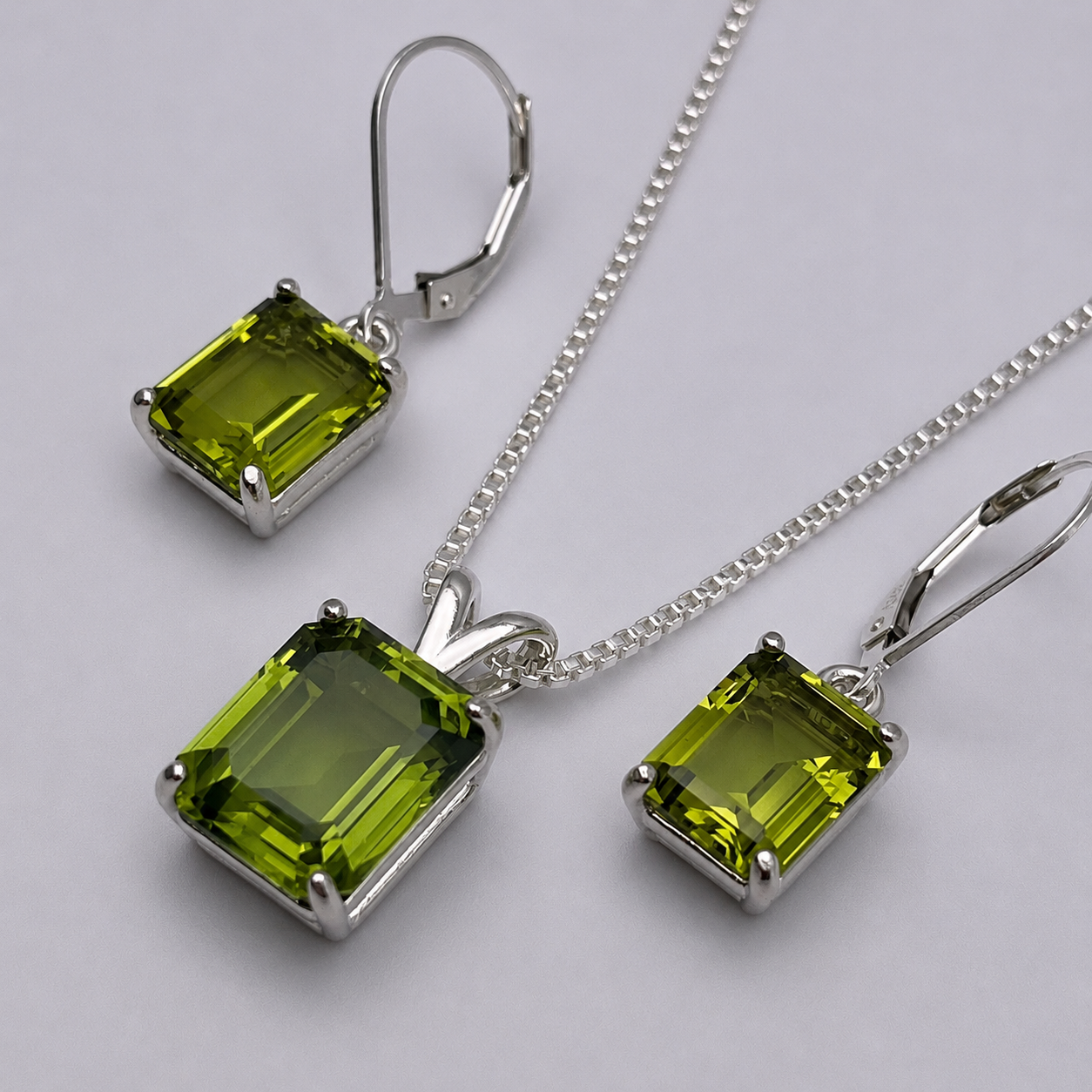 Emerald Cut Peridot Necklace and Earrings Set in Sterling Silver | August Birthstone Jewelry Gift for Her