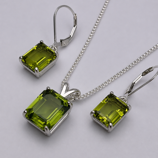 Emerald Cut Peridot Necklace and Earrings