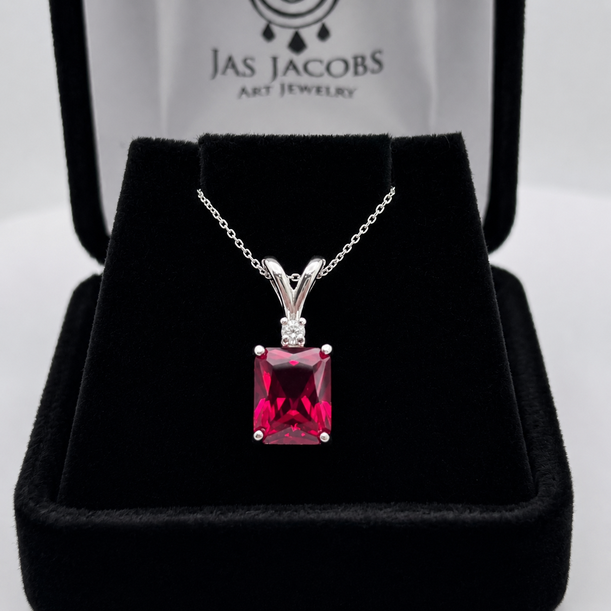 3CTW Emerald Cut Ruby Pendant Necklace | Diamond Accent