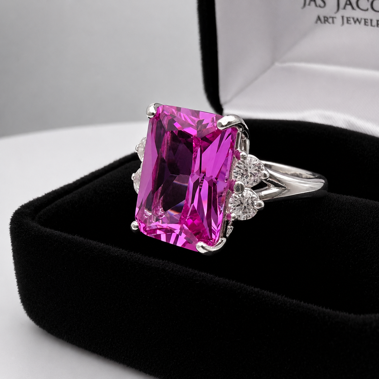 8ct Emerald Cut Pink Sapphire Ring with Diamond Accents | Available in 10k & 14k Gold or Sterling Silver