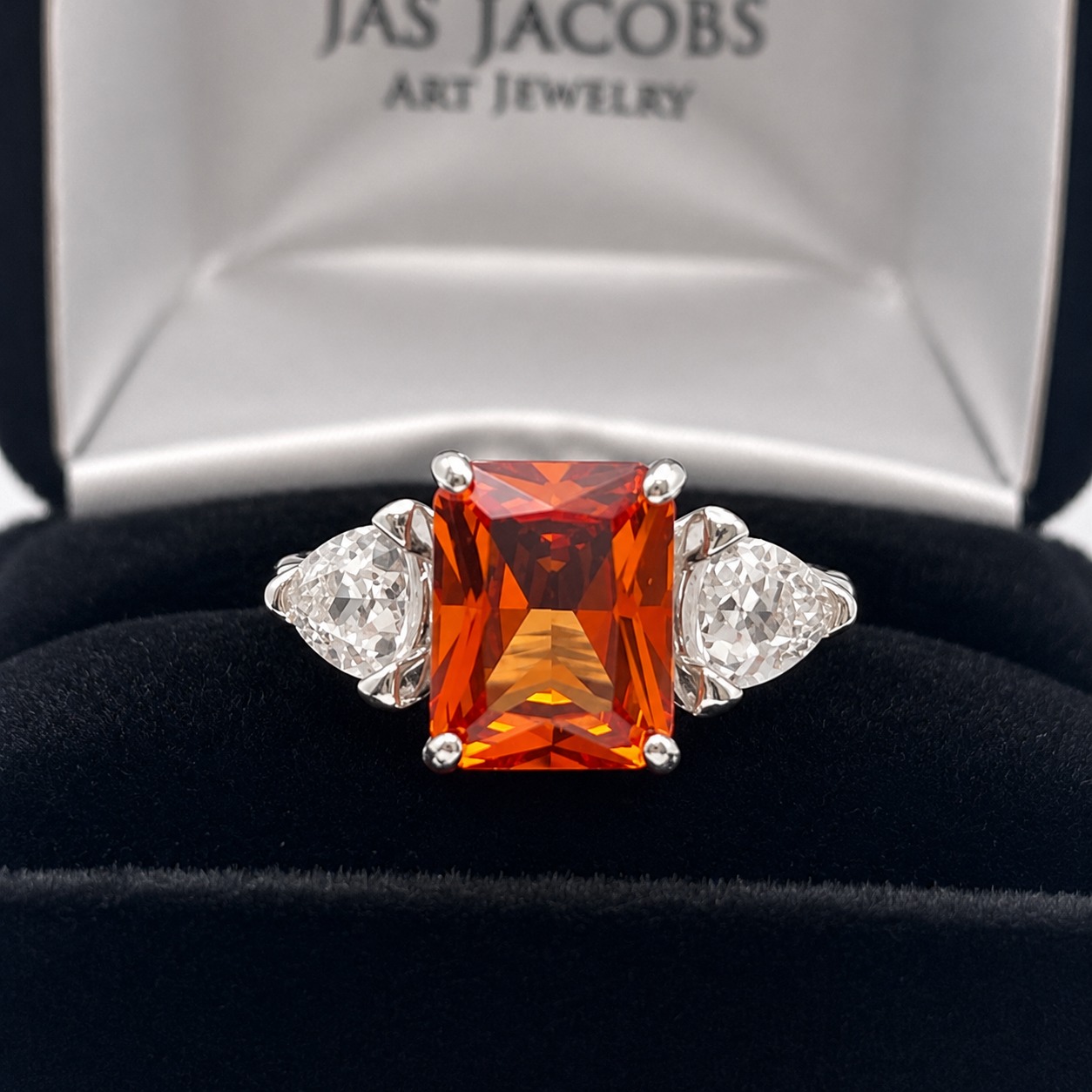 5.5ct Emerald Cut Padparadscha Sapphire Ring | Trillion Cut White Sapphire Three Stone Ring
