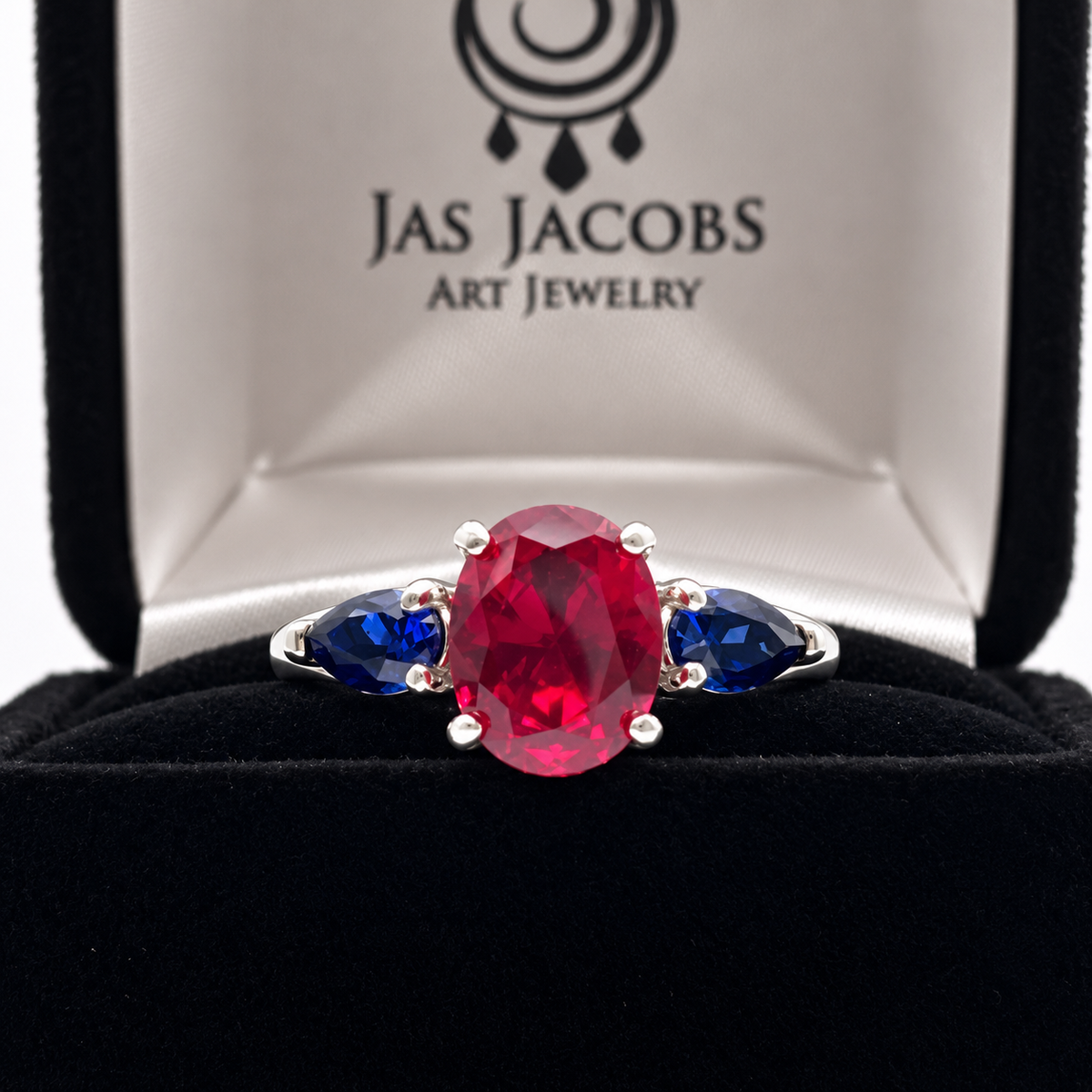 4.5ctw Oval Ruby & Blue Sapphire Three-Stone Statement Ring
