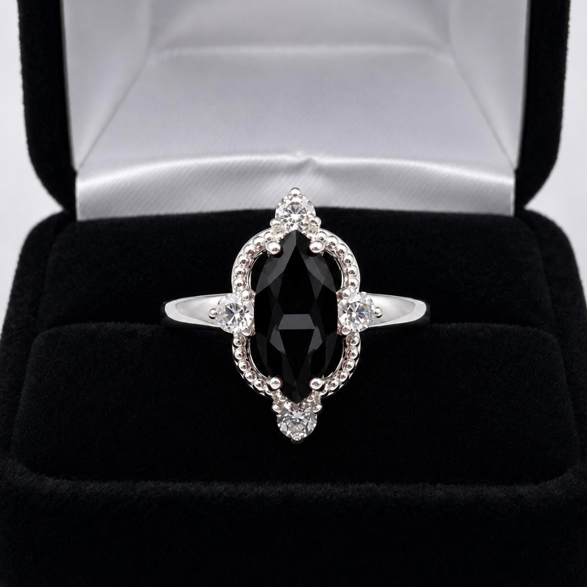 Marquise Black Onyx & White Sapphire Ring